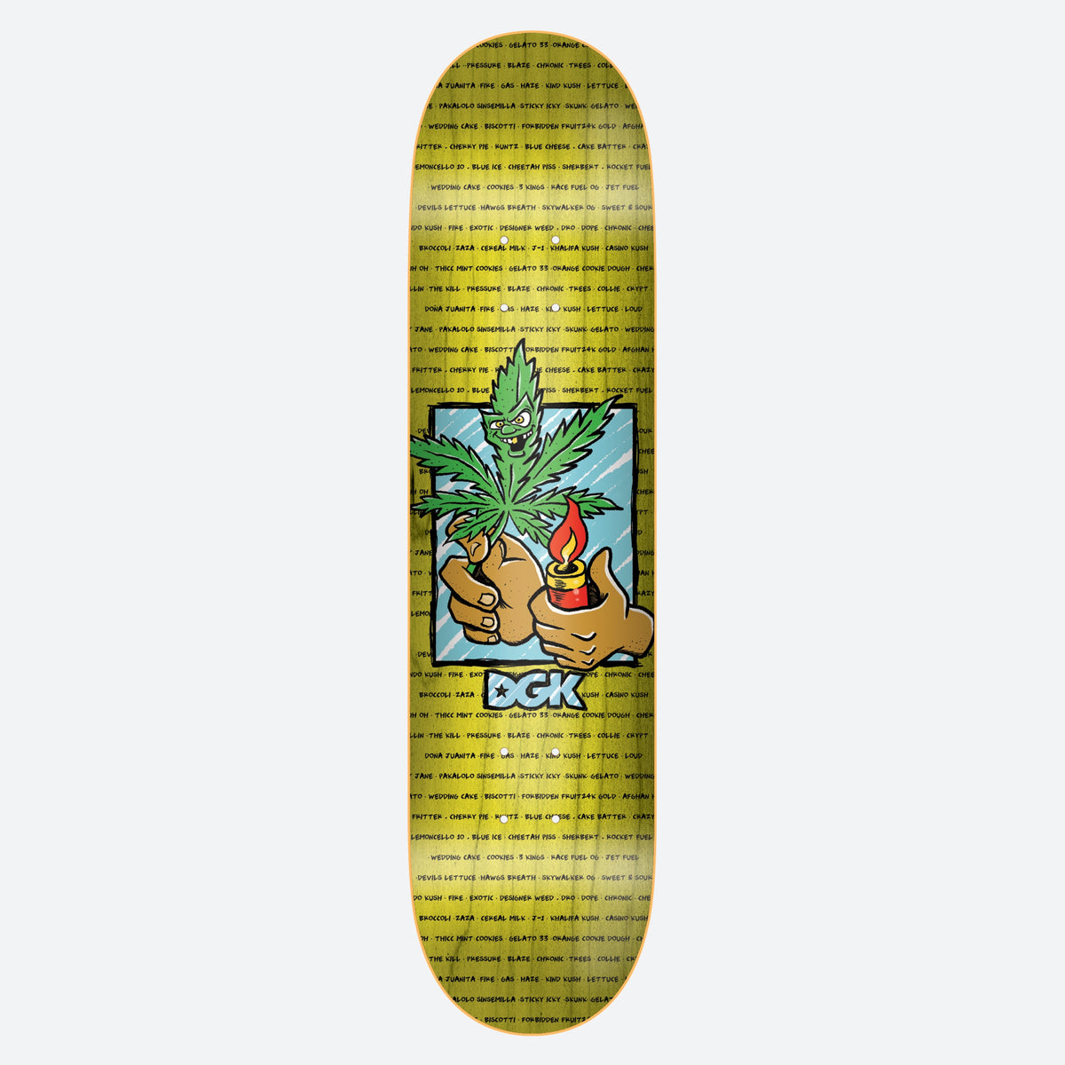DGK Talkin Dro 8.5 skateboard deck: Cartoon cannabis leaf character with an angry face, held in one hand while another hand flicks a lighter, framed in a blue box above the DGK logo. Rows of strain names repeat in small print across the yellow-green background.
