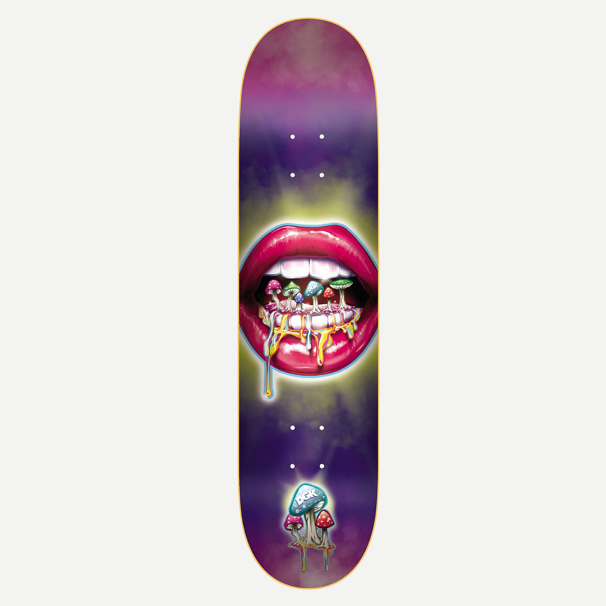 DGK Tasty 8.06 skateboard deck: Airbrushed glossy pink lips and teeth with small colourful mushrooms growing between them and dripping yellow, on a purple and green glowing haze. A cluster of mushrooms with a DGK logo sits near the tail.