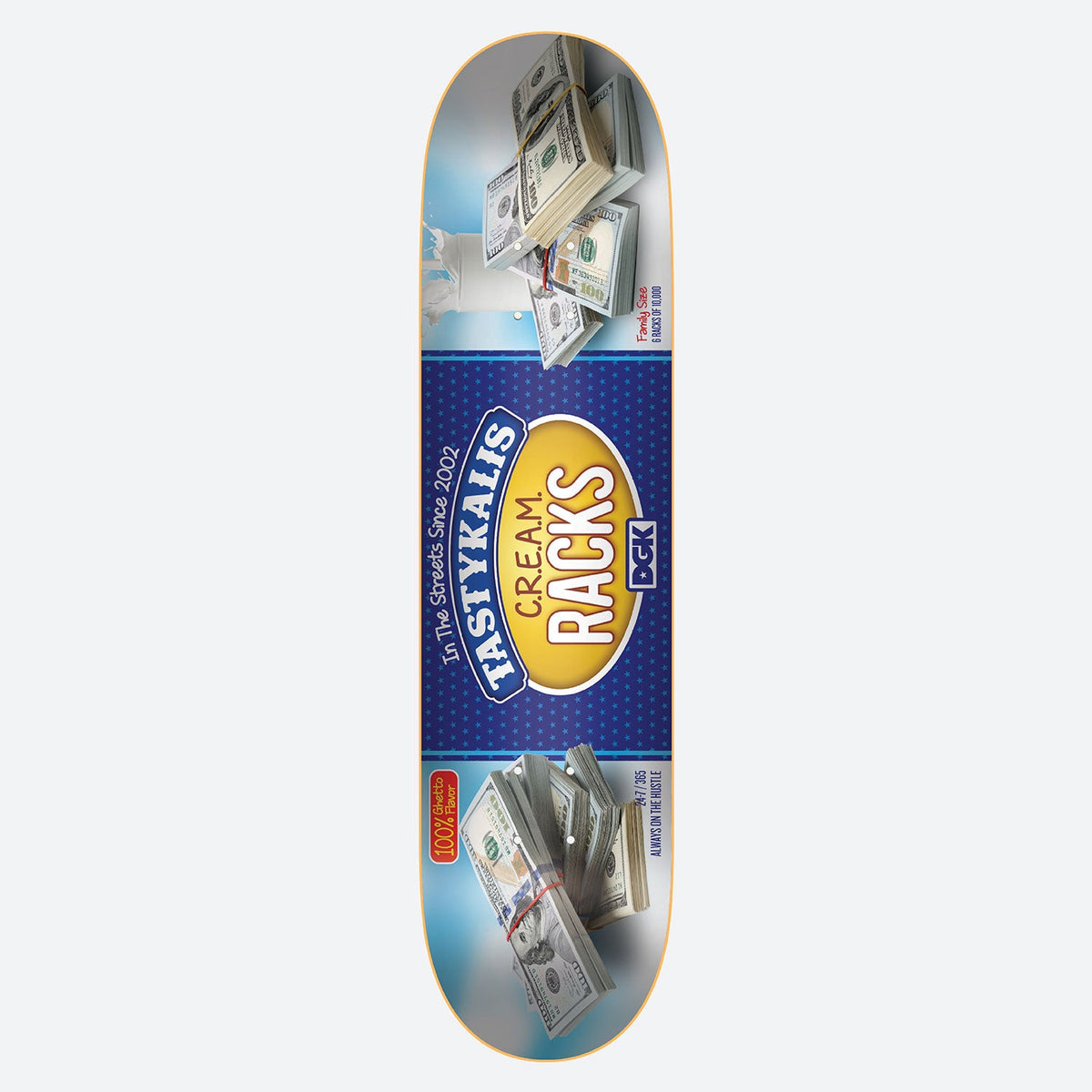 DGK Tasty Kalis 8.0 skateboard deck: A parody of a cream-cheese tub label: a blue panel with a yellow oval reading C.R.E.A.M. RACKS and a Tasty Kali's banner, with stacks of hundred-dollar bills at both ends of the deck against a pale blue background.