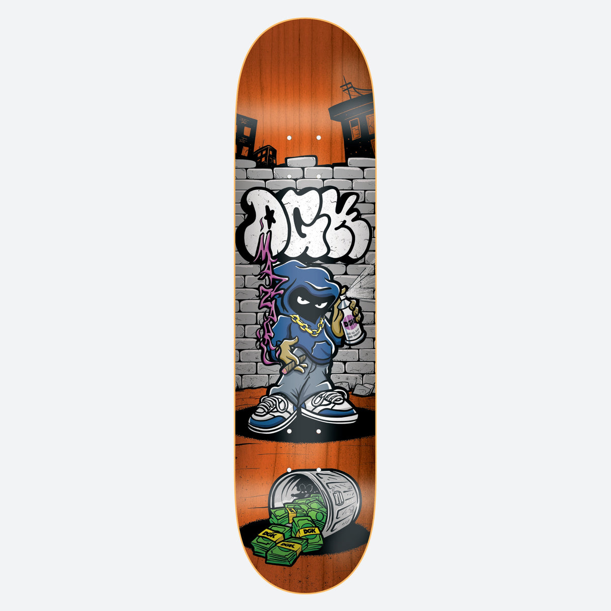 DGK Throwie Mazzari 8.1 skateboard deck: Orange-stained deck showing a hooded cartoon graffiti artist spraying a brick wall tagged with a bubble-letter DGK, above a bin overflowing with DGK dollar bills. City skyline silhouettes in the background.