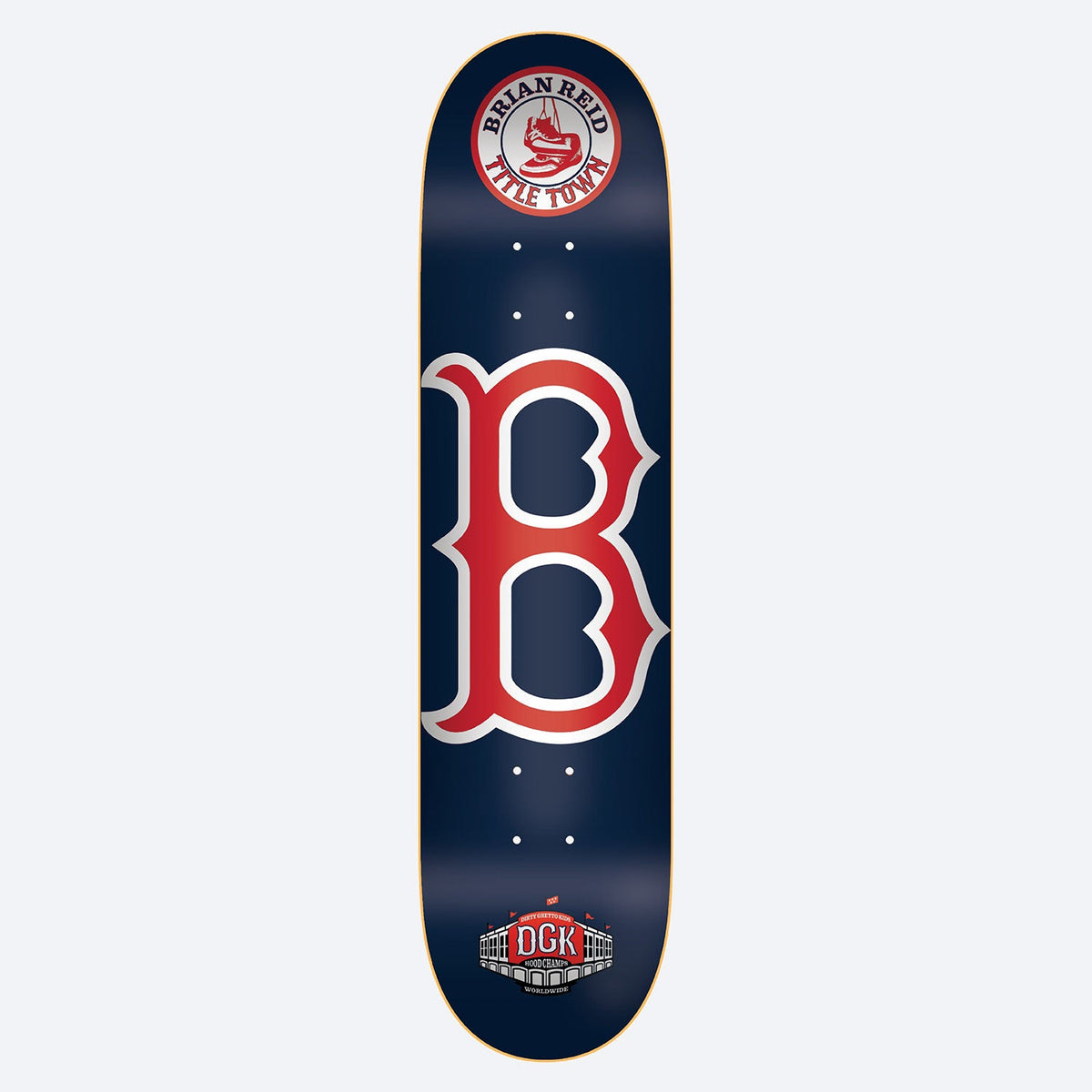 DGK Beantown Reid 8.38 skateboard deck: A large red and white 'B' on navy blue, in the style of a Boston baseball logo. A circular badge with a shoe hanging from a wire sits at the top, and a DGK stadium crest at the bottom.
