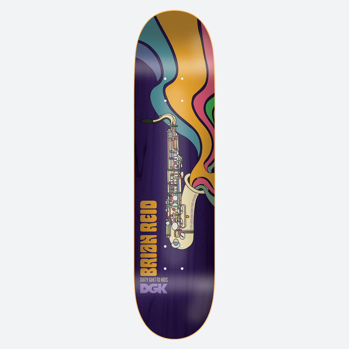 DGK Tone Reid 8.38 skateboard deck: Illustrated saxophone with swirling ribbons of orange, teal, pink and green rising from its bell on a purple deck, with the rider's name in orange lettering and DGK logo below.