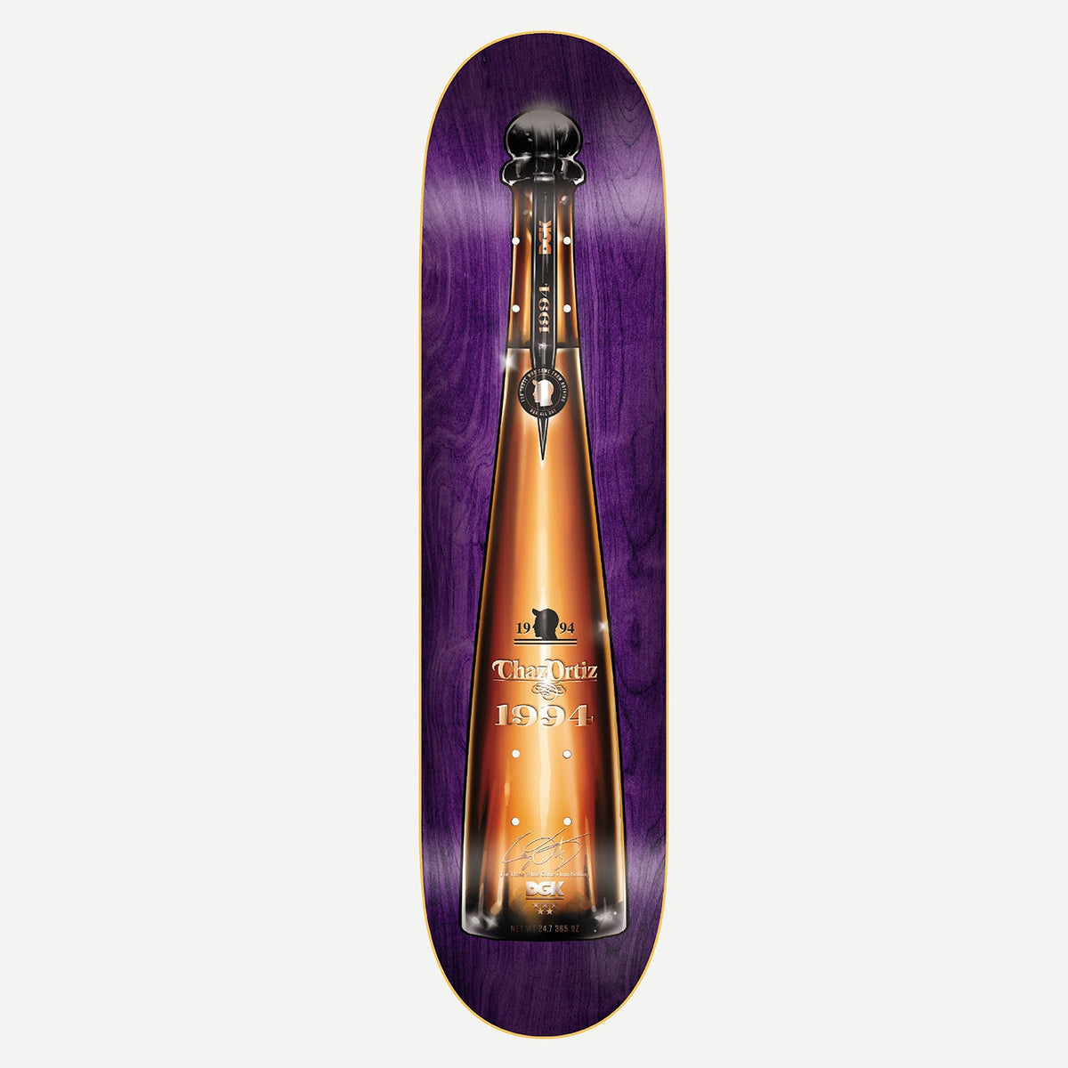 DGK Top Shelf Ortiz 8.1 skateboard deck: Purple stained wood deck with a realistic illustration of a tall amber spirits bottle with a black stopper, labelled with the rider's name and 1994.