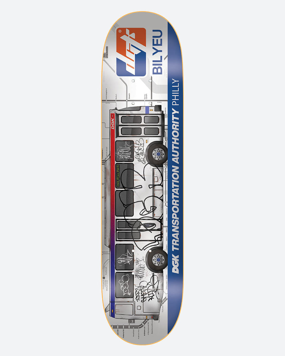 DGK Transportation Bilyeu skateboard deck: Side-on illustration of a graffiti-tagged Philadelphia transit bus over a faint route map, with a blue band down the right carrying the transport authority text and a DGK logo at the top.