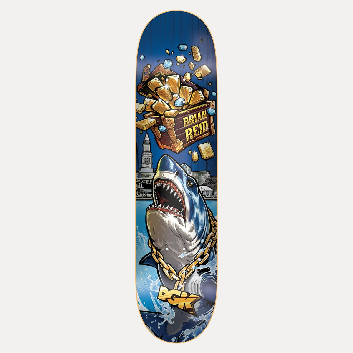 DGK Treasures Reid 8.06 skateboard deck: A great white shark wearing a gold DGK chain leaps from the water in front of a harbour skyline, below a bursting treasure chest of gold bars and diamonds labelled 'Brian Reid', on a blue board.