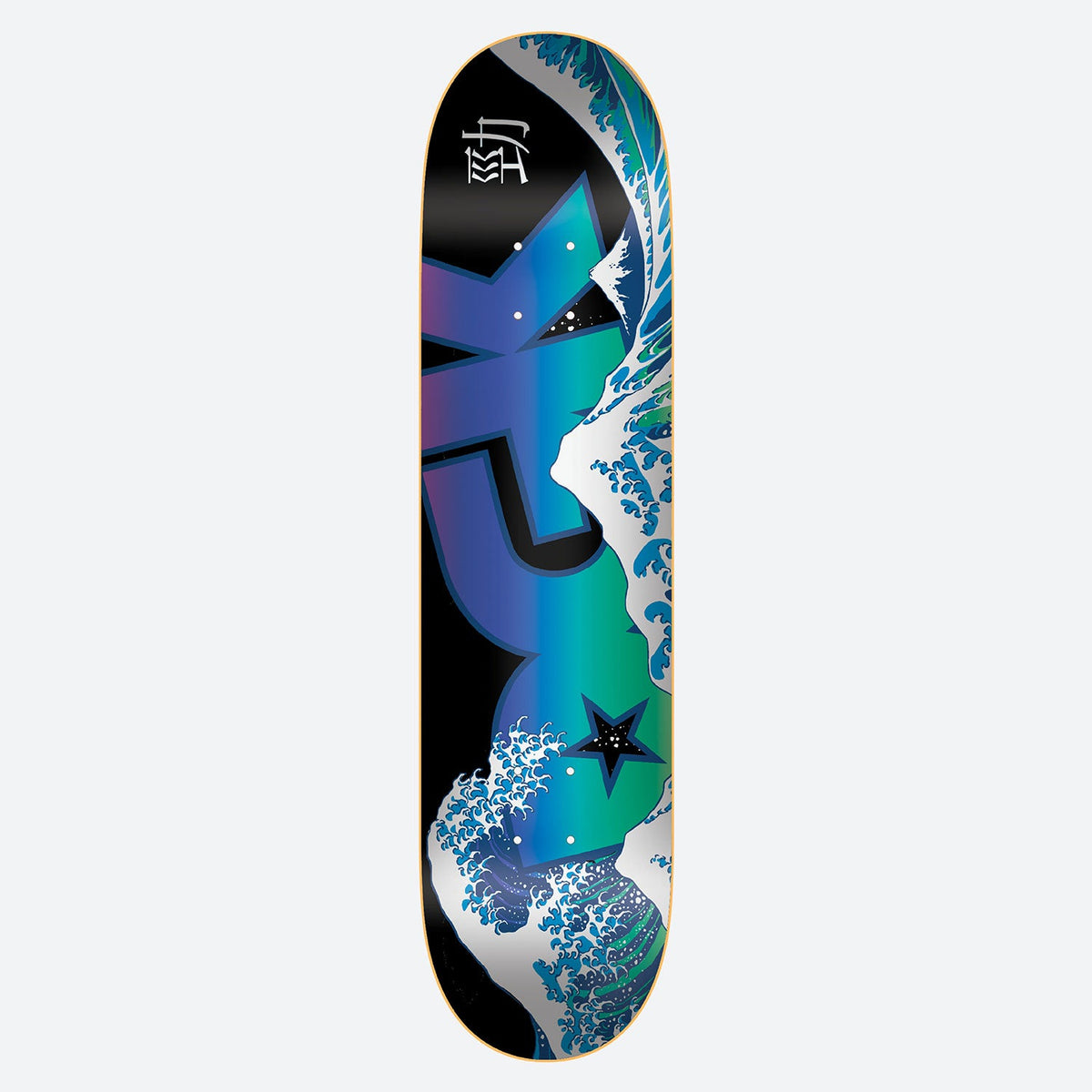 DGK Tsunami 8.06 skateboard deck: Large DGK letters in blue to green gradient on black, crossed by a Hokusai-style great wave in blue and white foam. A black star sits at the lower right and a Japanese character mark at the top.