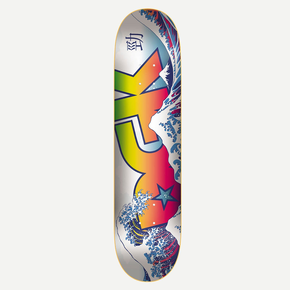 DGK Tsunami Rainbow 8.1 skateboard deck: Large DGK letters filled with a rainbow gradient on a white background, overlaid by Hokusai-style great wave illustrations in blue. A star sits near the tail and a kanji mark near the nose.