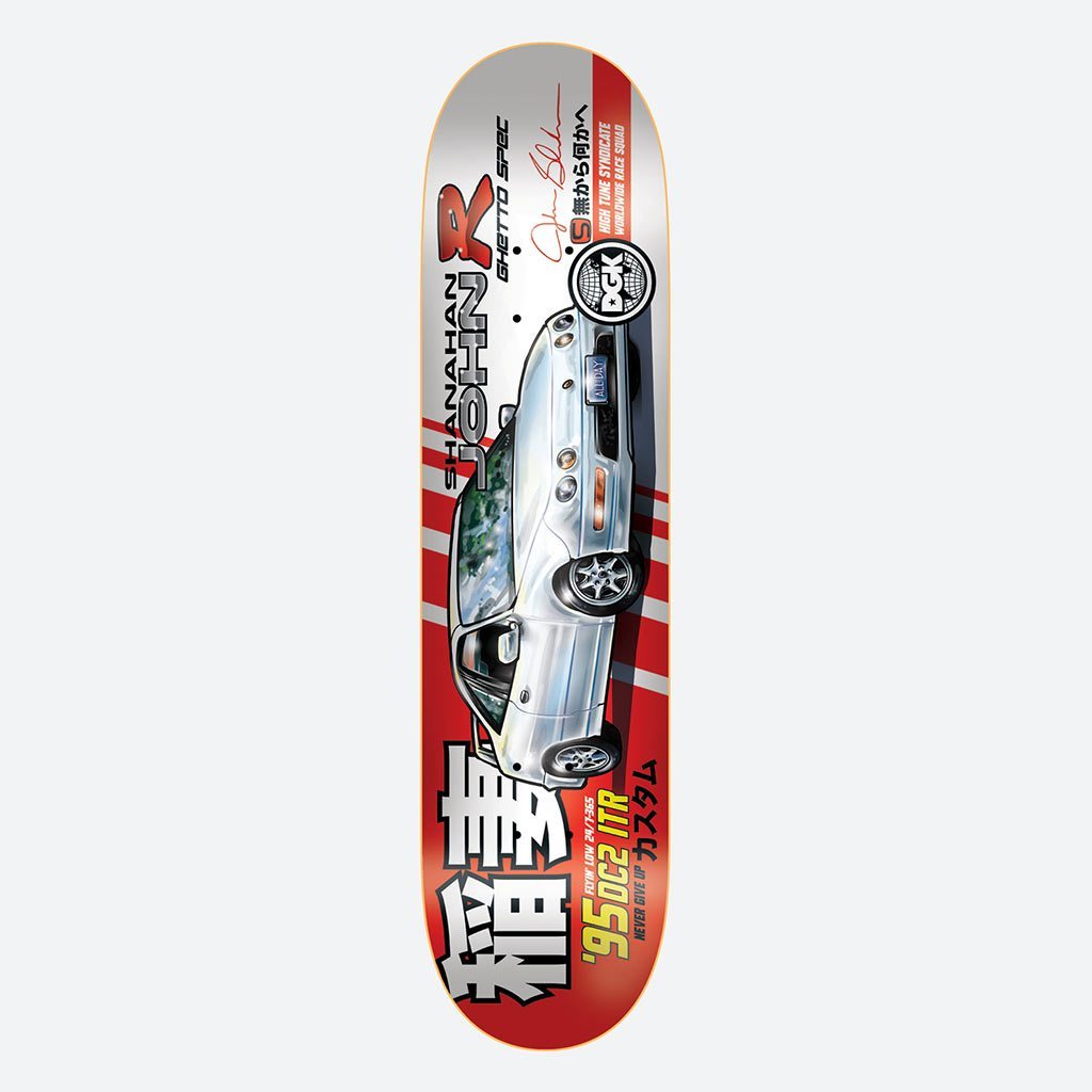 DGK Tuner Shanahan 8.06 skateboard deck: Illustrated silver sports car on a red and silver striped background in Japanese street-racing style, with large kanji, a DGK wheel logo, a signature and stickers-style text such as 95 DC2 ITR and Never Give Up.