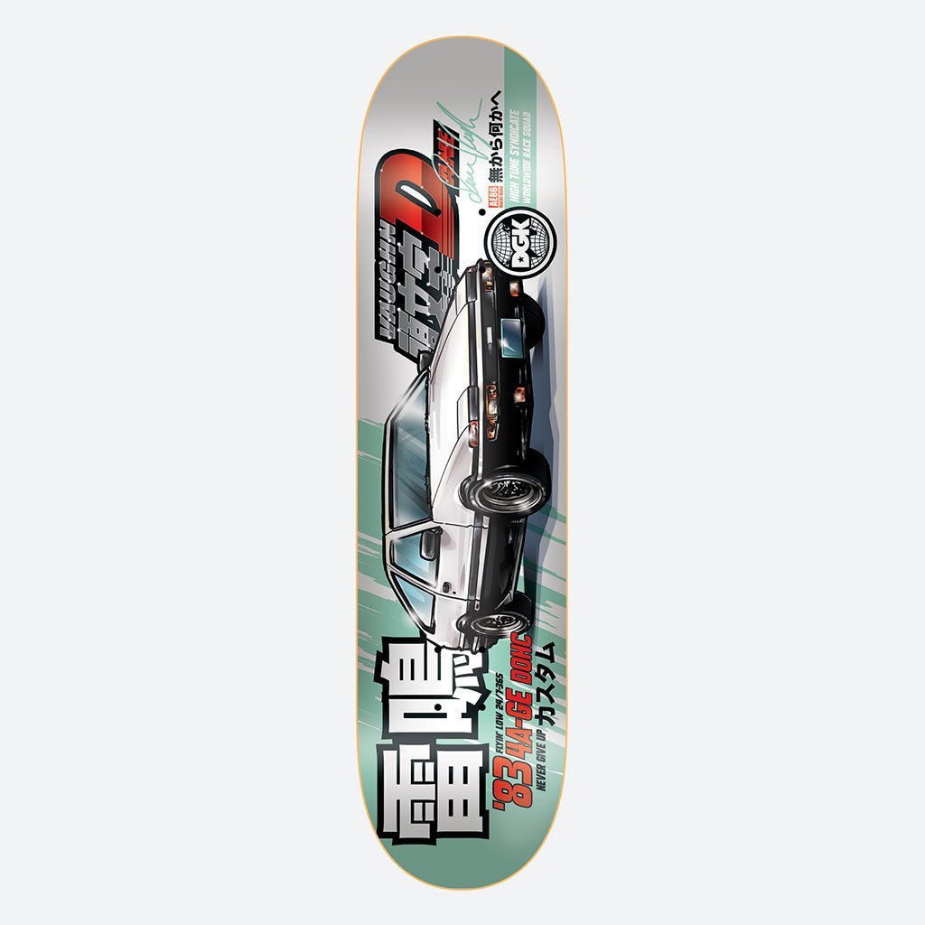 DGK Tuner Vaughn 8.0 skateboard deck: Illustration of a white and black hatchback sports car in a Japanese street-racing anime style, with Japanese lettering, red Initial D-style logo and a DGK badge on a metallic silver and mint green speed-streak background.