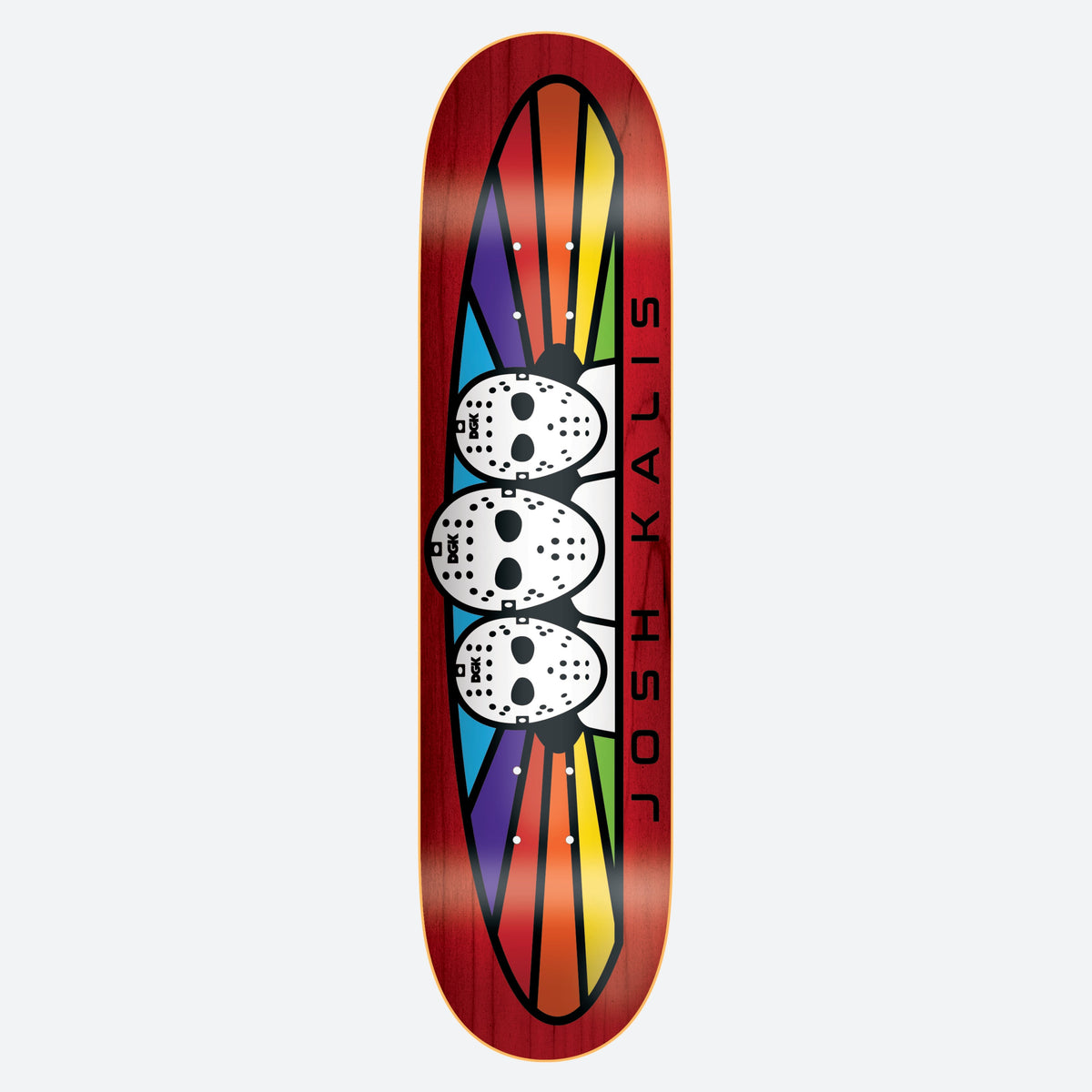 DGK UFO Assorted Kalis 8.25 skateboard deck: Three white hockey-mask faces stacked in a column inside an oval filled with rainbow rays, on a red wood-stained deck. Rider name runs vertically in black down the right side.