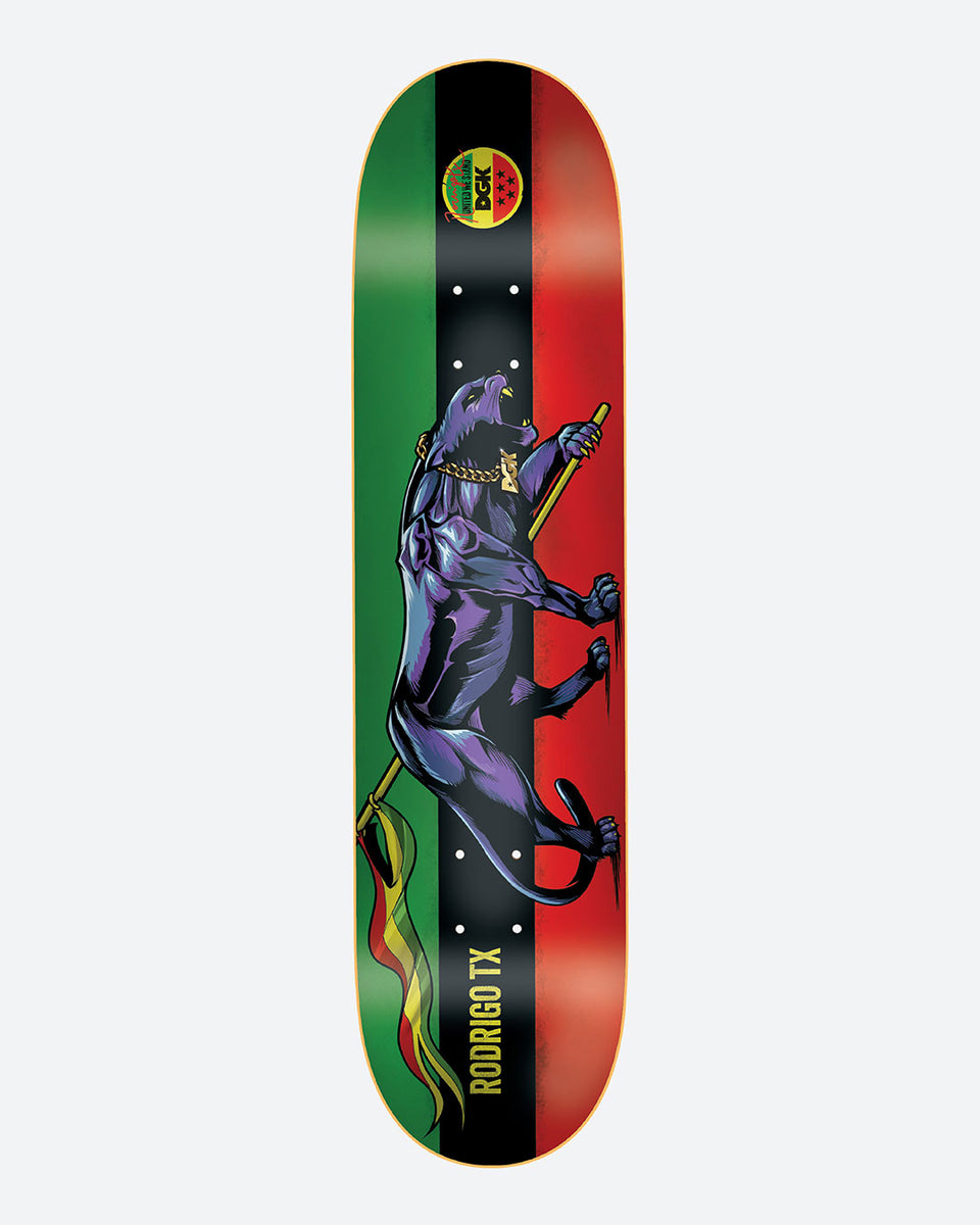 DGK United TX skateboard deck: A purple panther wearing a gold chain and carrying a flag on a pole, standing on a green, black and red striped background, with a DGK badge near the nose and Rodrigo TX along the tail.