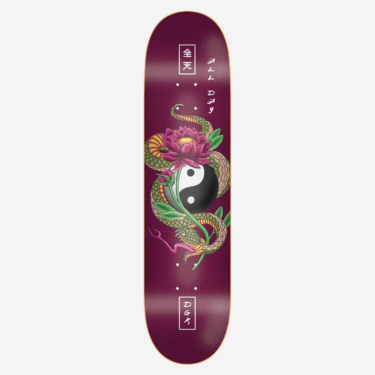 DGK Viper Burgundy 8.1 skateboard deck: Traditional tattoo-style green and gold snake coiled around a pink lotus flower and a yin-yang symbol, on a burgundy deck, with Japanese characters and All Day handwriting and a DGK box.
