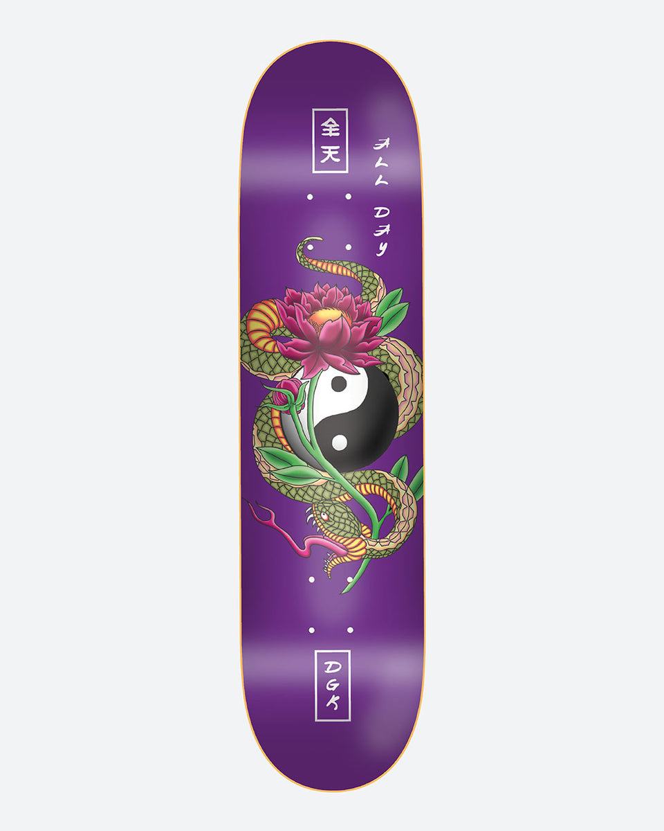DGK Viper Purple 8.1 skateboard deck: A green and gold snake coiled around a yin-yang symbol and a pink lotus flower, on a purple deck with Japanese characters and All Day text, plus a DGK box at the tail.