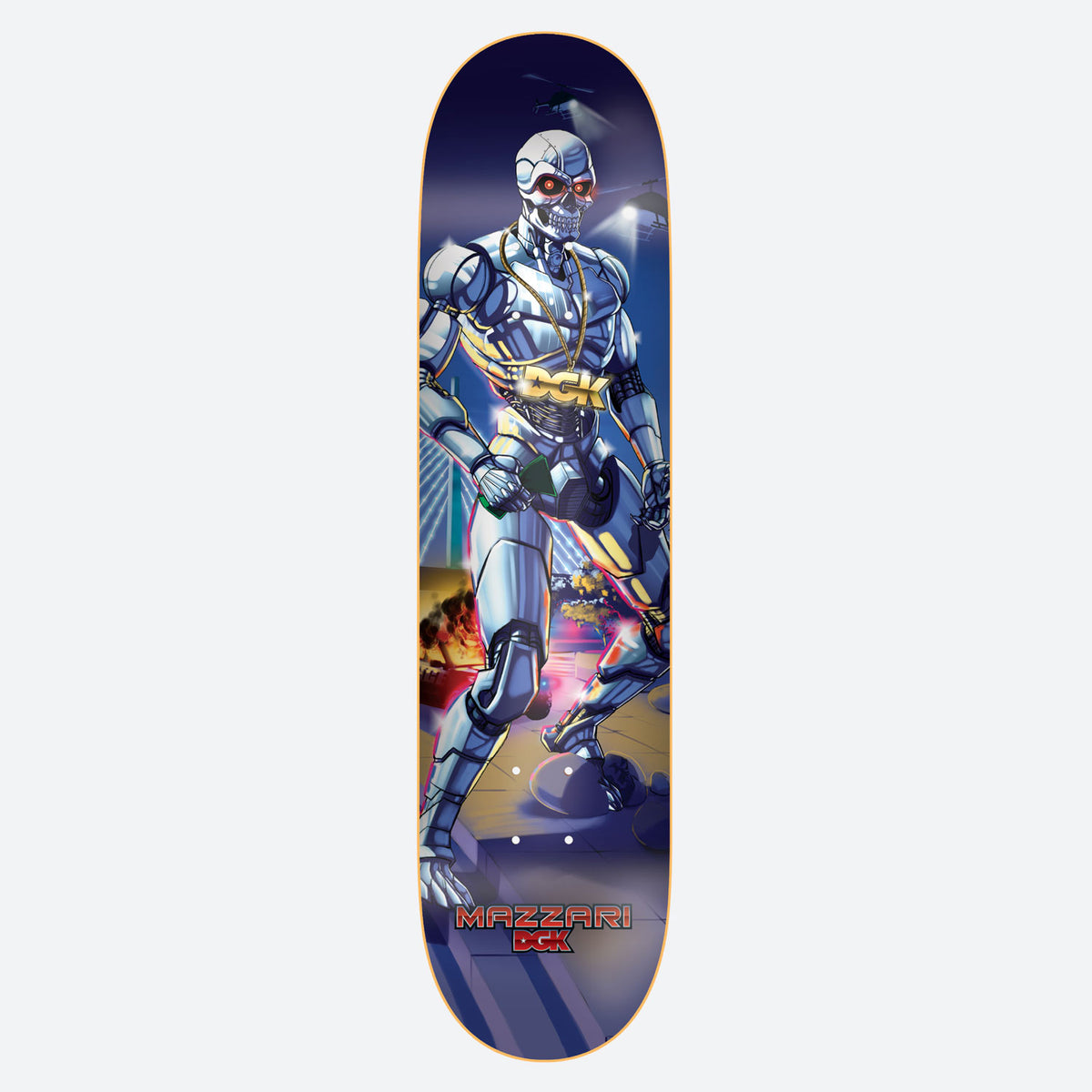 DGK Wired Mazzari skateboard deck: Illustration of a chrome robot with a skull face and glowing red eyes, wearing a gold DGK chain, standing in a neon-lit city street at night with a helicopter above. Rider name and logo at the tail.