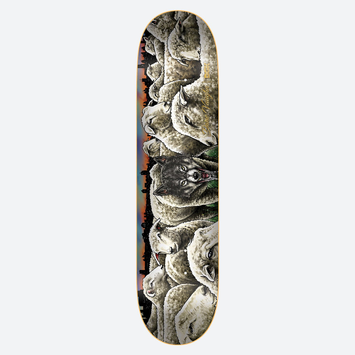DGK Wolf Vaughn 8.25 skateboard deck: Illustration of a flock of woolly sheep with a grey wolf's snarling head hidden among them, with a dark city skyline and orange sunset sky behind, and a gold signature.