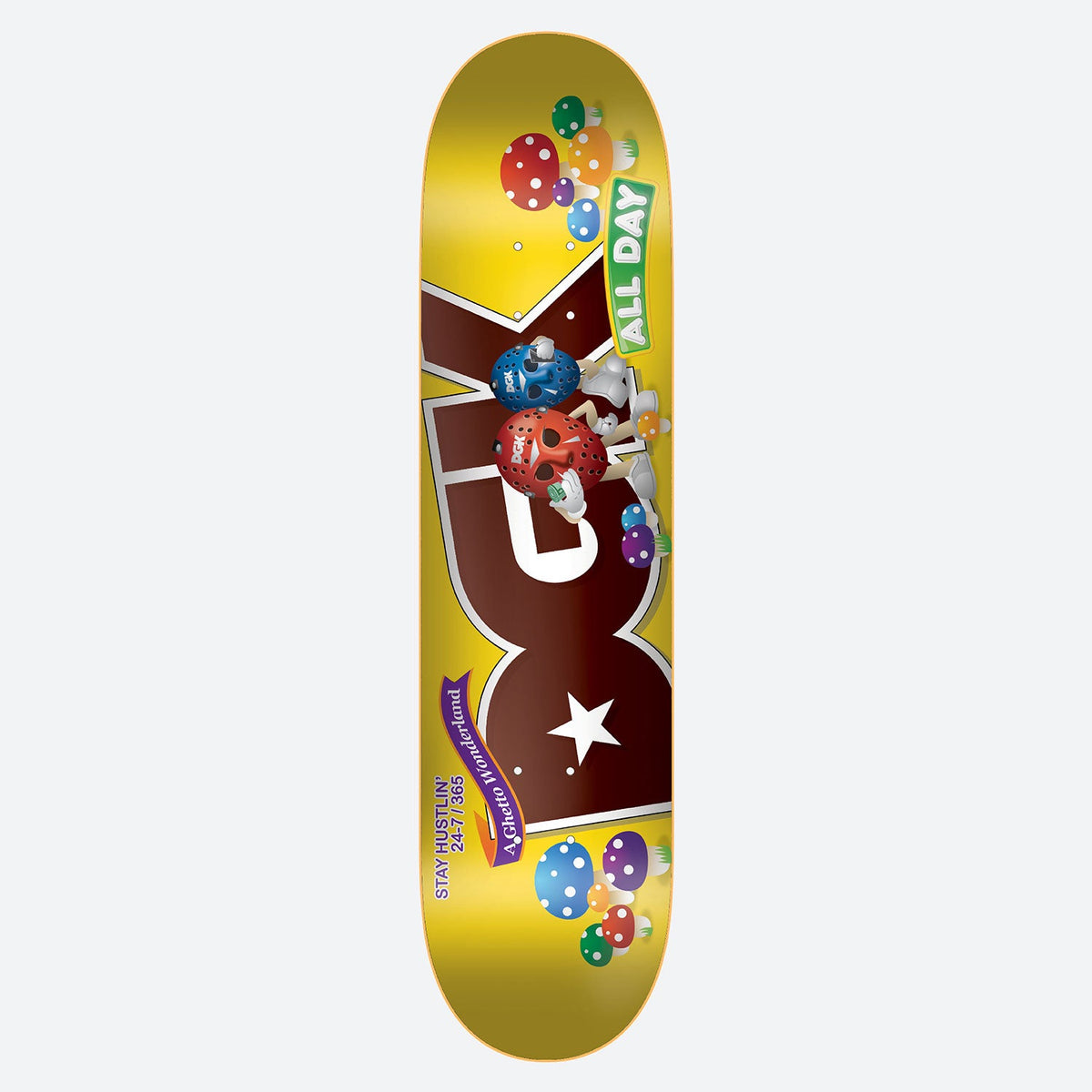 DGK Wonderland 8.1 skateboard deck: DGK logo styled as a chocolate bar, with candy characters in Jason-style hockey masks and colourful spotted mushrooms. Banners read ALL DAY and A Ghetto Wonderland, on a yellow background.