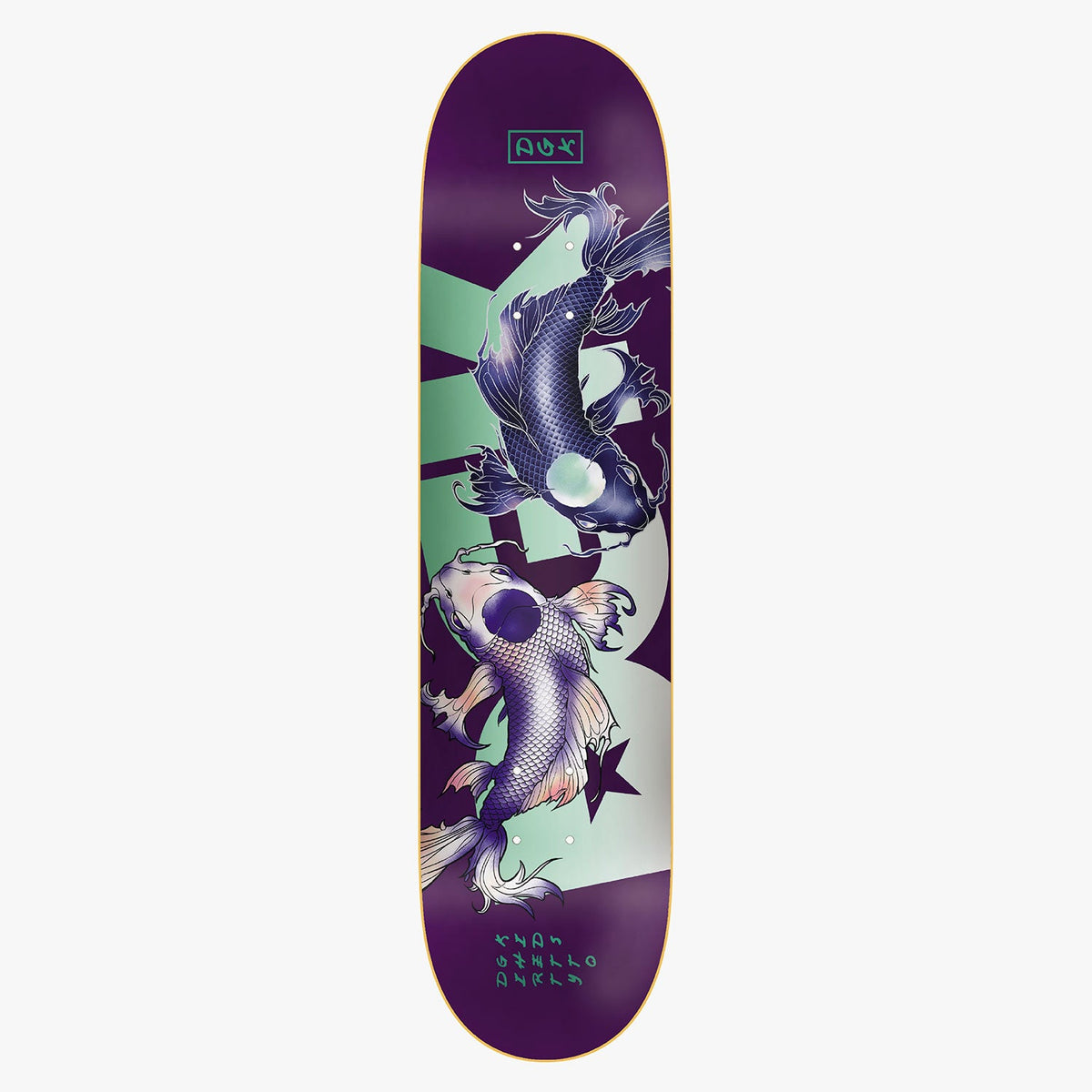 DGK Yin Yang Purple 8.06 skateboard deck: Two koi carp circling in a yin-yang arrangement, one dark and one pale with pink fins, over a large pale green shape on a purple deck. DGK logo box at the top and small text at the tail.