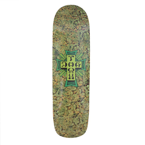 Dogtown 420 Cross Pool - x skateboard deck: Green Dogtown cross logo with rays in the centre of a pool-shaped deck, set over a close-up photographic texture of cannabis buds.