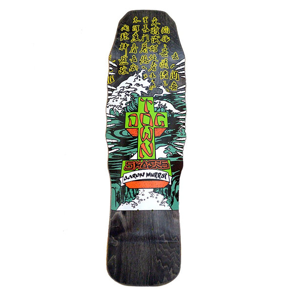Dogtown Aaron Murray Fingers M80 - x skateboard deck: Old-school shaped black-stained deck with a green and orange Dogtown cross and Aaron Murray banner over a green and white crashing wave and skeletal hands, with columns of yellow Japanese-style characters above.