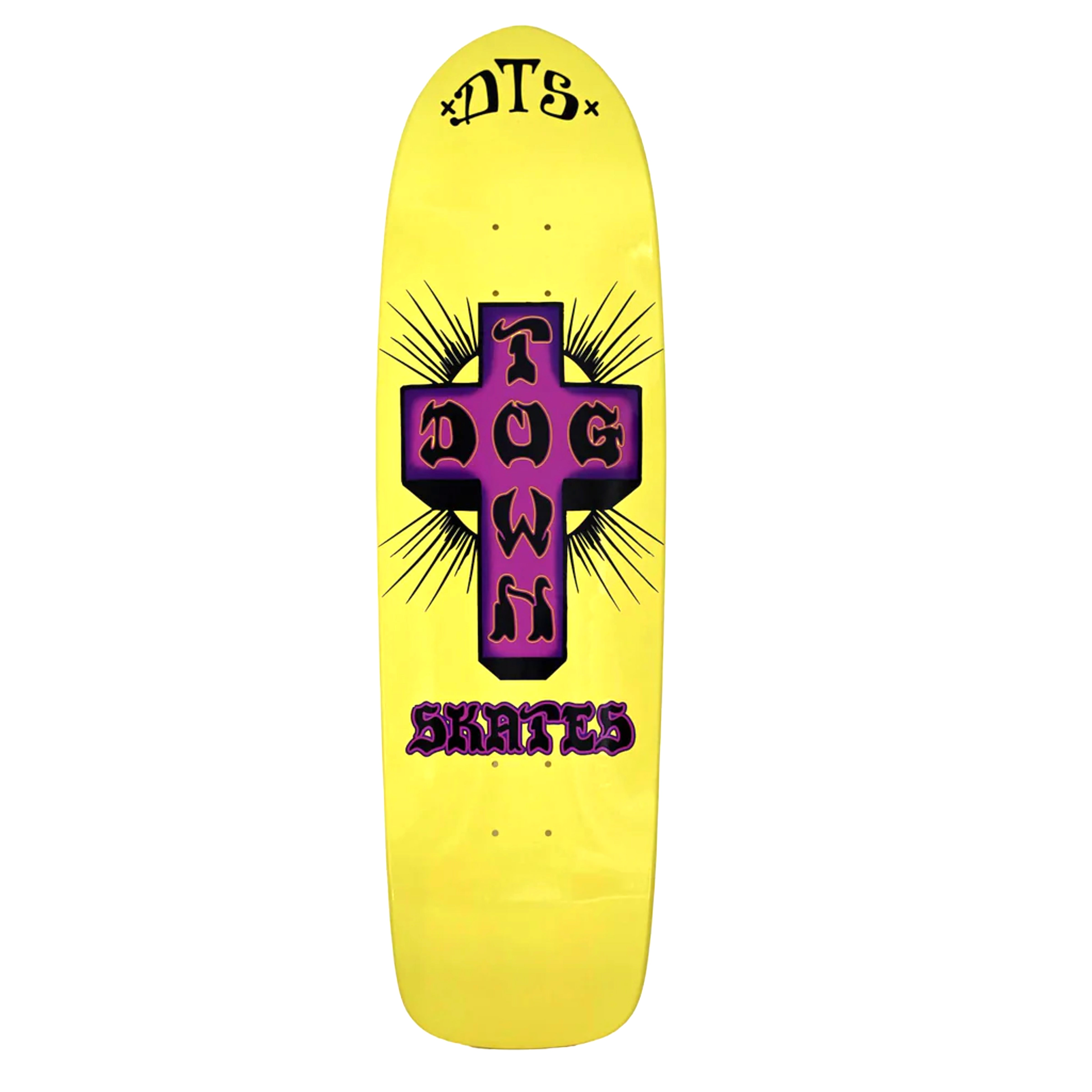 Dogtown Big Boy x skateboard deck: Yellow old-school shaped deck with a purple Dogtown cross, its arms lettered Dog and Town, surrounded by black radiating rays, with purple Skates lettering below and a DTS mark at the top.
