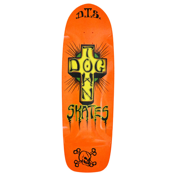 Bbs Mfg Biggest Boy - Neon Orange skateboard deck: Large yellow cross with green centre and radiating spikes carrying the Dogtown name in black lettering, with 'Skates' in dripping type beneath and a skull and crossbones at the tail, on a neon orange old-school shaped deck.