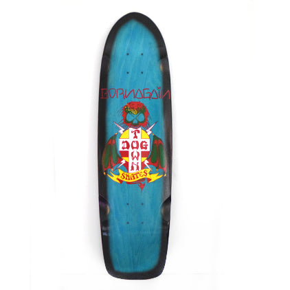 Dogtown Born Again 70s Rider x skateboard deck: Blue-stained old-school cruiser shape with a black painted border. Red BORN AGAIN lettering sits above the Dogtown cross logo, with a winged skull with red hair behind it and a yellow Skates banner below.