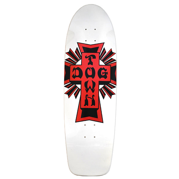 Dogtown Cross Logo 70s Rider 9 x skateboard deck: A large red and black Dogtown cross logo with the brand name in gothic lettering, ringed by radiating spikes, on a white old-school shaped deck.