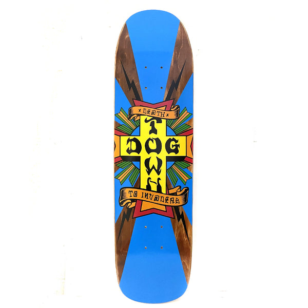 Dogtown Death to Invaders - x skateboard deck: Dogtown cross logo in yellow, orange and red with green rays, wrapped by banners reading Death and To Invaders. Black lightning bolts cross a blue and brown stained deck.