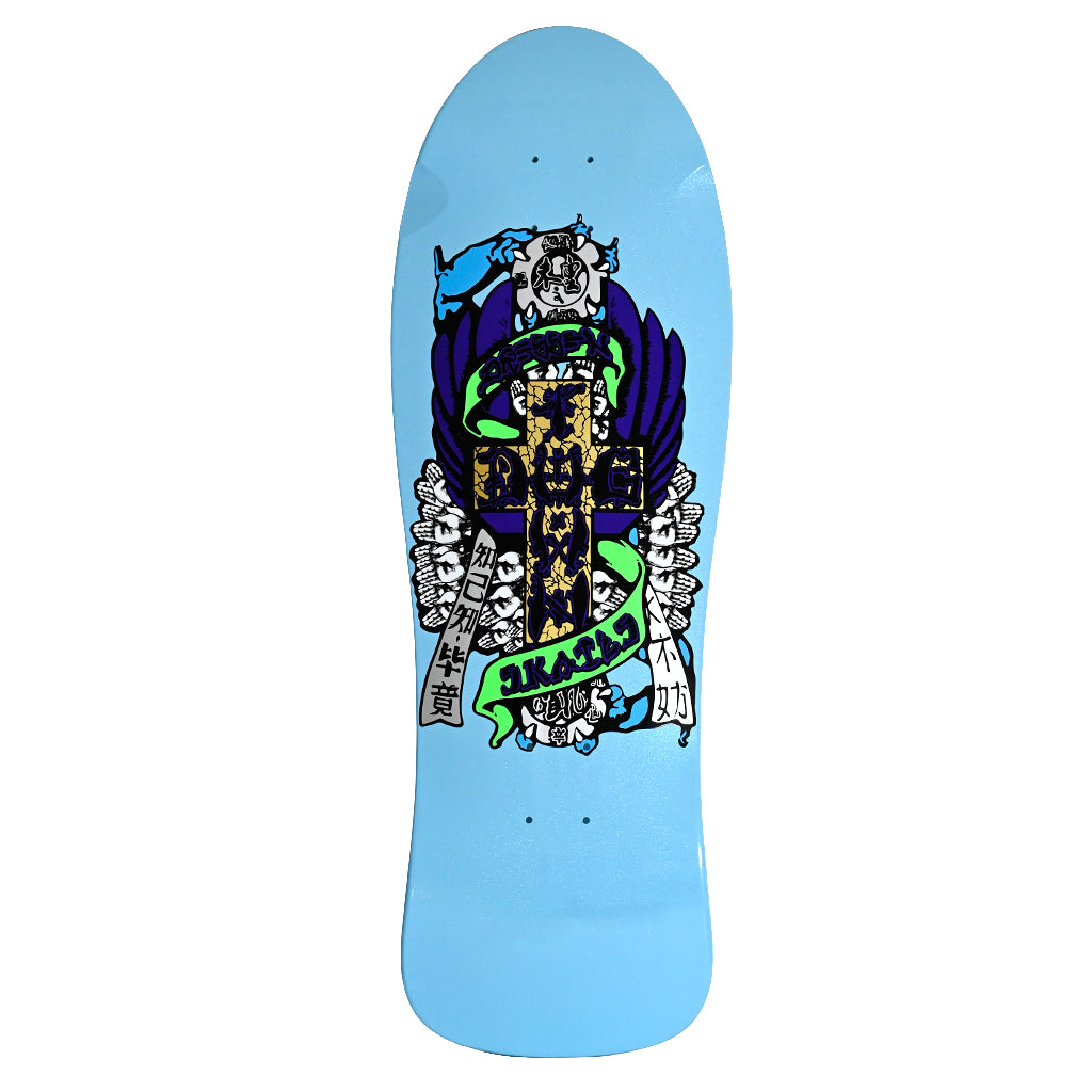 Dogtown Eric Dressen Hands 80s x skateboard deck: Dogtown cross in gold and navy, flanked by rows of white hands and a purple winged shape, with a green ribbon banner across it. Japanese characters and blue hands appear around the edges on a pale blue deck.