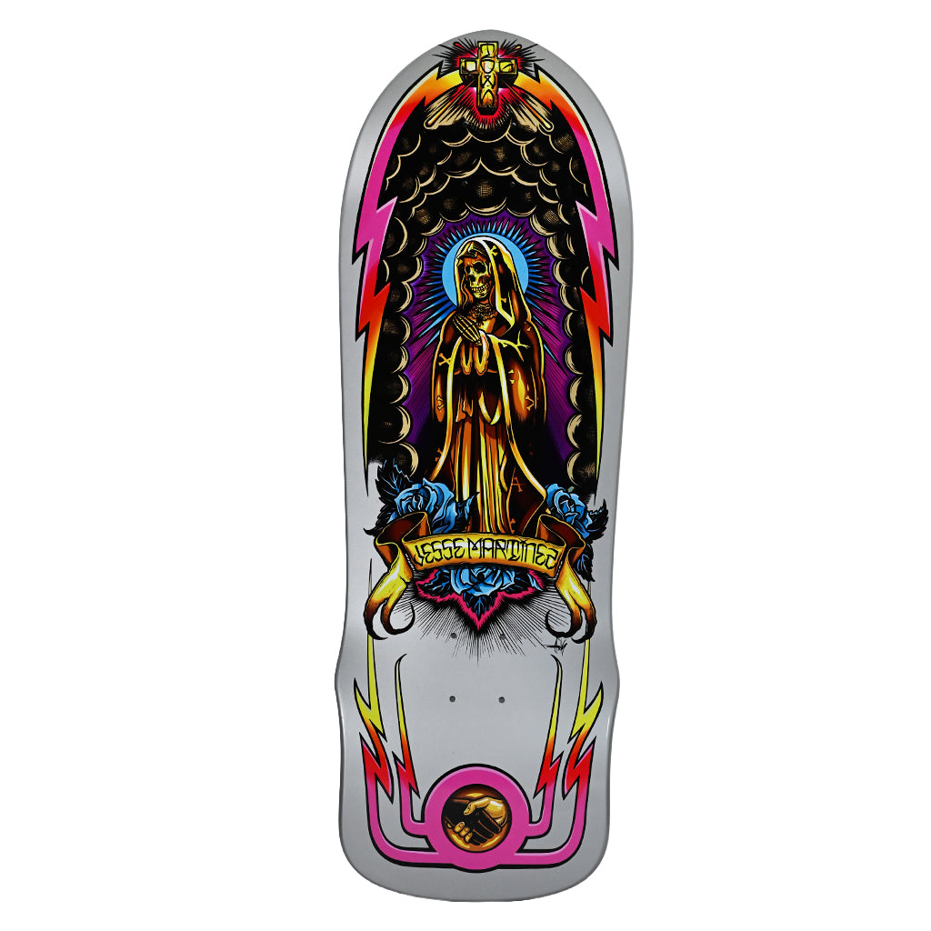 Dogtown Jesse Martinez Guadalupe Handshake 1987 10 x skateboard deck: A golden skeletal Virgin of Guadalupe in a hooded robe with a blue halo, set in a shield of dark scalloped wings flanked by pink and orange lightning bolts, with blue roses and a ribbon banner and a handshake emblem at the base, on a silver deck.