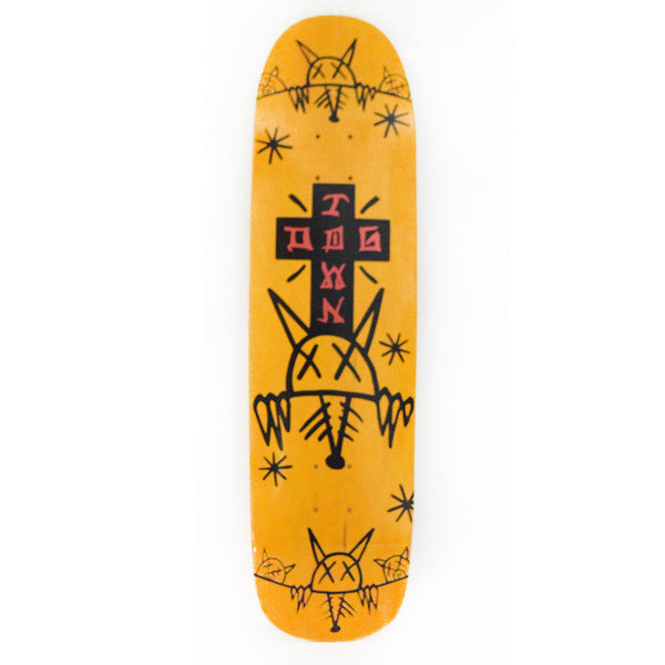 Dogtown Rat Face 2 Pool - x skateboard deck: A black cross containing red graffiti-style DOGTOWN lettering, with a scrawled rat face with crossed-out eyes below and smaller rat heads and stars at nose and tail. Orange stained pool-shaped deck.