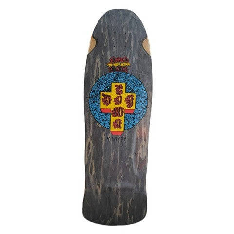 Dogtown Red Dog Mid Size Crisis 80s x 32 skateboard deck: A yellow cross with Gothic-style red Dogtown lettering over a blue Aztec calendar-style disc, with a small red logo above, on a weathered grey-stained old-school shape with wheel-well cut-outs.