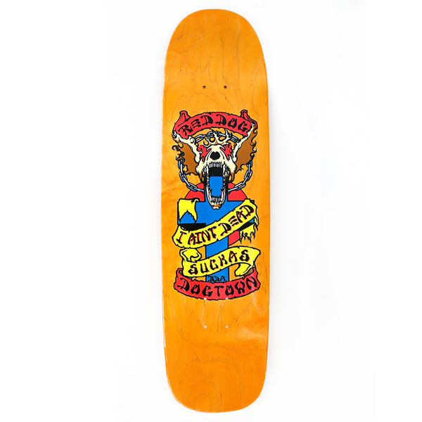 Dogtown Red Dog Aint Dead Pool - x skateboard deck: Orange-stained shaped deck with a red-eyed dog skull in chains and a spiked collar over a blue cross, wrapped in red and yellow banners reading 'Red Dog', 'I Aint Dead' and 'Suckas' and 'Dogtown'.
