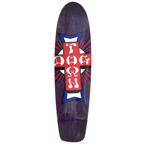 Dogtown USA Cruiser x skateboard deck: Dogtown cross logo in red, white and blue with radiating burst lines behind it, on a purple stained cruiser deck with a rounded nose.