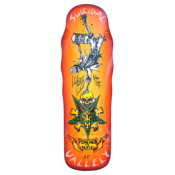 Dogtown Jims Corner - Signed VALLELY X SUICIDAL - Released 2015 skateboard deck: Old-school shaped deck with an orange-to-yellow sunburst. A skeleton holds a skateboard and hangs upside down above a skull and crossbones over a green pentagram, with a 'Possessed to Skate' banner below. Hand-signed in black marker.