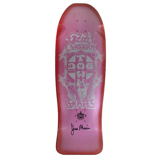 Dogtown Limited Dogtown Ozzy Osbourne - x - Pink Pearl / Red Flake Fade skateboard deck: An old-school shaped deck with a silver cross-and-spikes design: Ozzy Osbourne lettering above the Dogtown cross logo, a figure with raised arms below, 'Skates' lettering and a small tour logo with a black signature.
