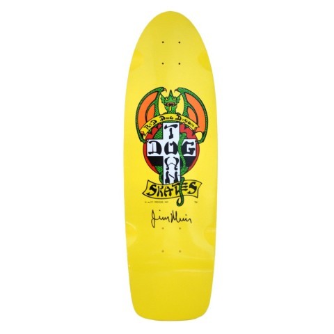 Dogtown Signed Dogtown Red Dog OG 70s Classic skateboard deck: Old-school shaped yellow deck with the Dogtown Skates Red Dog logo: a green dragon with orange wings wrapped around a black and white cross reading DOG TOWN, with a signature printed below.