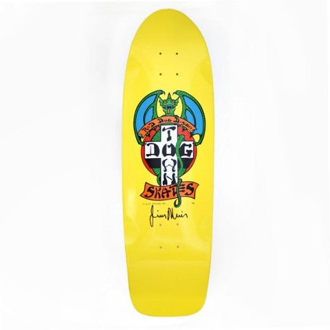Dogtown Signed Dogtown Red Dog OG 70s Rider 9 x skateboard deck: Dogtown Red Dog design of a green dragon with outspread wings behind a black and white cross bearing the Dogtown name, with a red Skates banner and a black signature, on yellow old-school shape.