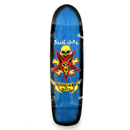 Suicidal Suicidal Pool Series Possessed to Skate x - Red skateboard deck: Yellow skull and crossbones sitting over a red inverted pentagram, with a yellow scroll banner reading 'Possessed to Skate' below. Suicidal logo above, on a blue-stained old-school shaped deck with black edges.