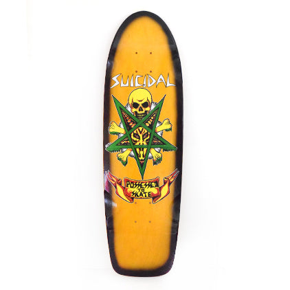 Suicidal Possessed to Skate 70s Rider 9 x skateboard deck: Orange old-school shaped deck with a yellow skull and crossbones over a green pentagram holding a demonic face. A red banner reading 'POSSESSED TO SKATE' is below, with 'SUICIDAL' in white at the top.