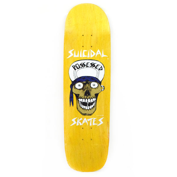 Suicidal Punk Skull 9 x skateboard deck: A grinning skull wearing a white cap marked Possessed and a blue bandana, with wide eyes, on a yellow-stained deck. Suicidal in white above and Skates below.