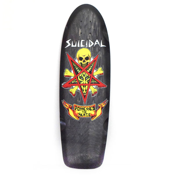 Suicidal Possessed to Skate 70s Classic skateboard deck: Yellow skull and crossbones over a red pentagram containing a green demonic goat face, on a black stained cruiser-shaped deck. SUICIDAL is in white capitals above and a red-orange ribbon banner reads POSSESSED TO SKATE below.