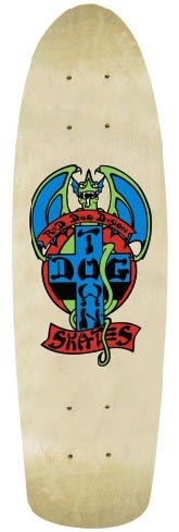 Dogtown Red Dog Old School skateboard deck: Dogtown Red Dog emblem on a natural cream wood deck: a green winged dragon sits over a cross with 'Dogtown' on it, with red banners above and below. Old-school cruiser shape.