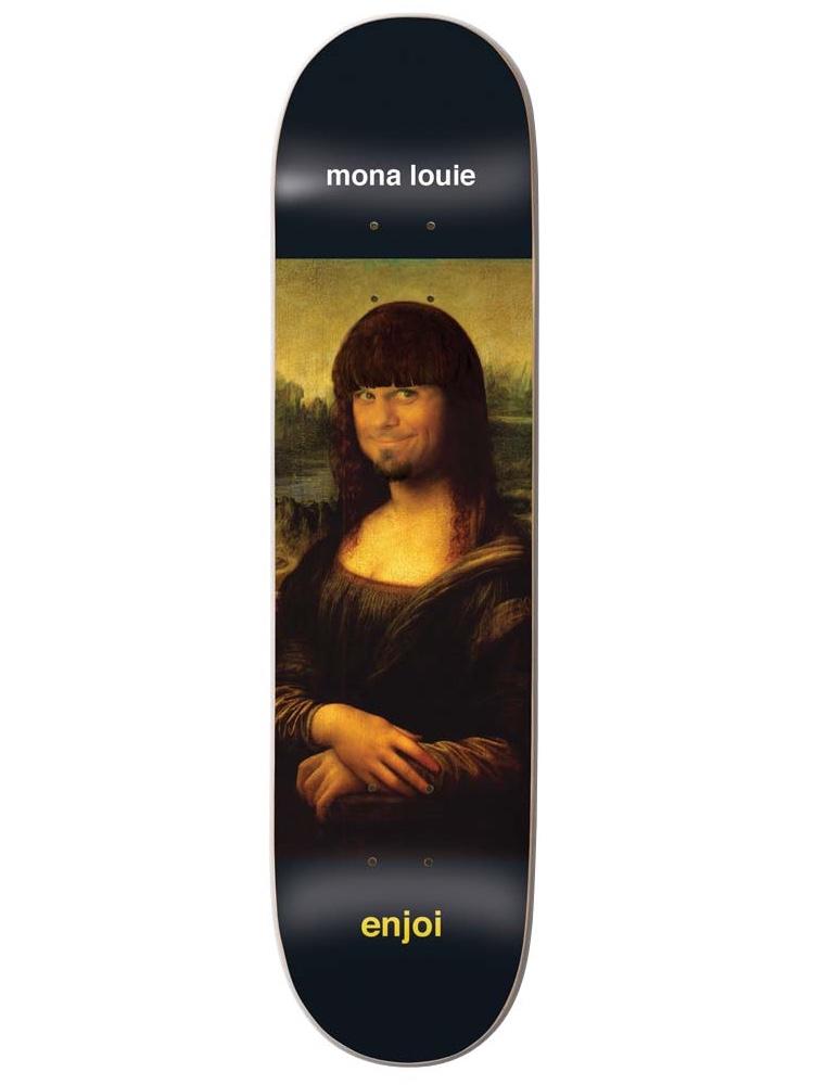 Enjoi barletta renaissance impact light skateboard deck: Parody of the Mona Lisa with a bearded man's face and a dark fringe in place of the original, set in a panel on a black deck with the title at the top and brand at the bottom.
