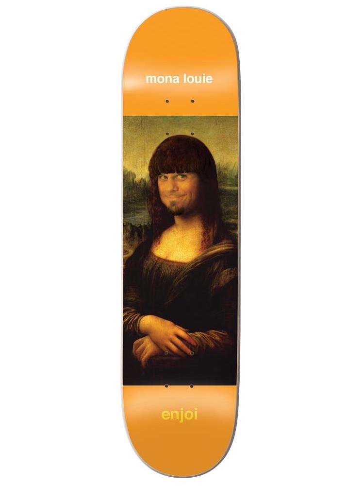 Enjoi barletta renaissance skateboard deck: A reproduction of the Mona Lisa painting with the sitter's face replaced by a man's smiling face and dark bowl-cut wig, on an orange board with white text at the top and yellow logo at the tail.