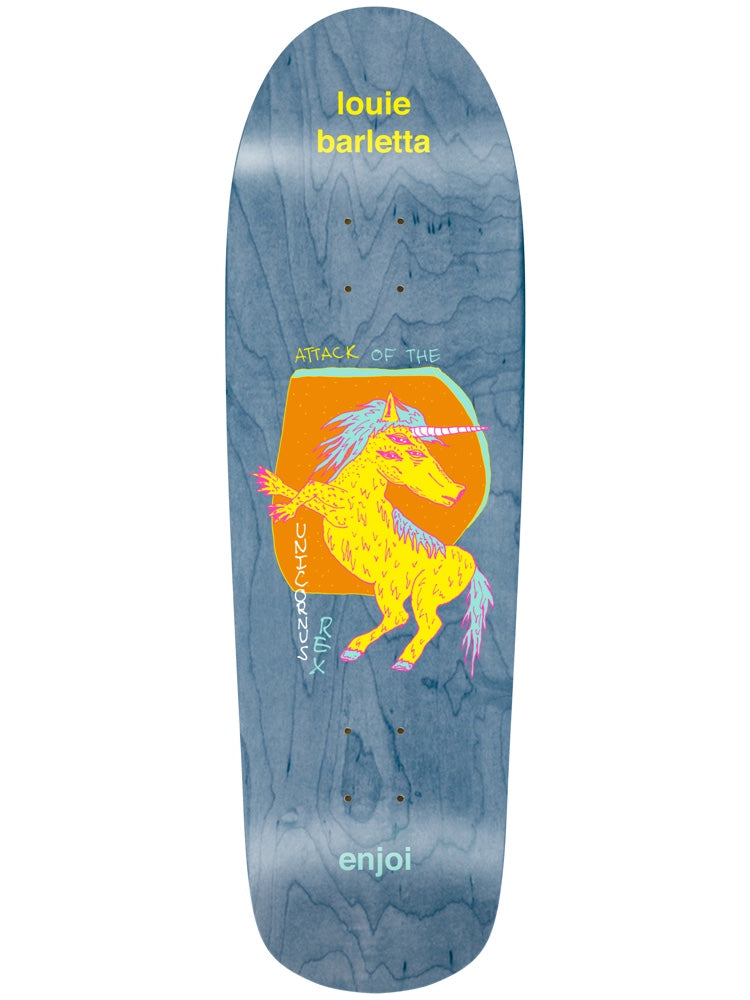 Enjoi Barletta Thirdeye R7 8.25 & 9.7 skateboard deck: Yellow, pink-outlined unicorn rearing within an orange shape on a blue-stained wood deck, with hand-written 'Attack of the Unicornus Rex' around it and the rider's name in yellow at the top.