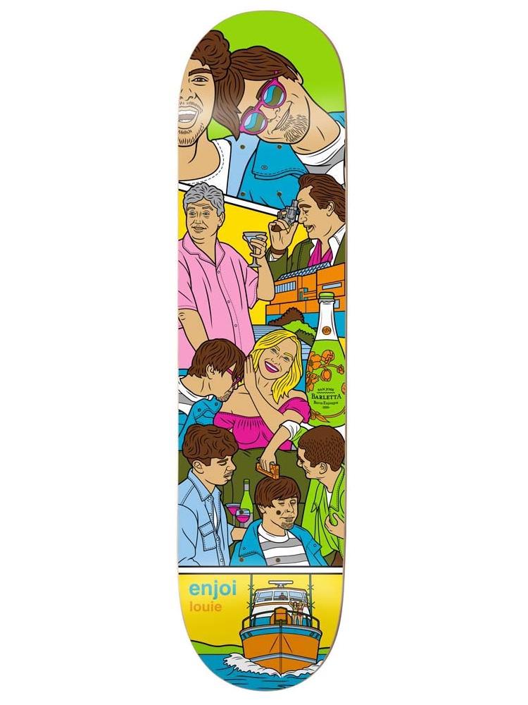 Enjoi barletta weekend at louies skateboard deck: Comic-panel illustration of a party scene: a laughing man in pink sunglasses, people with cocktails, a blonde woman, a large Barletta champagne bottle and a motor yacht at the bottom. Enjoi 'louie' logo below.