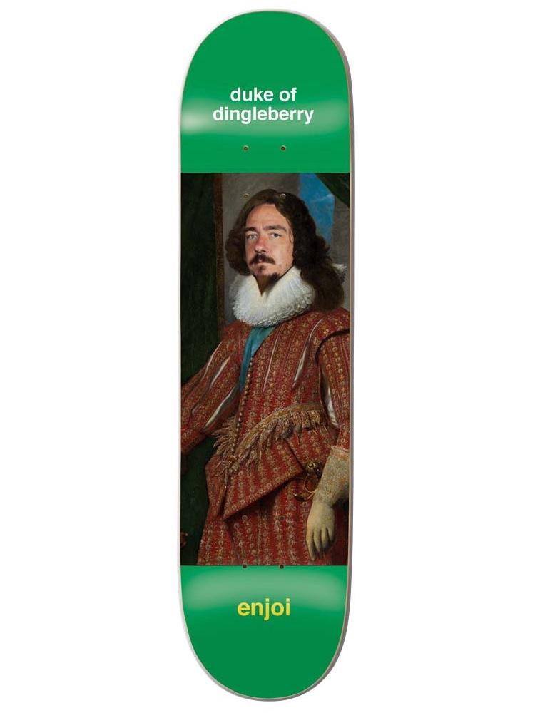 Enjoi berry renaissance impact light skateboard deck: A Renaissance-style portrait of a man in a red patterned doublet and white lace collar, with long dark hair and a moustache, on a green board with white text at the top and a yellow logo at the tail.