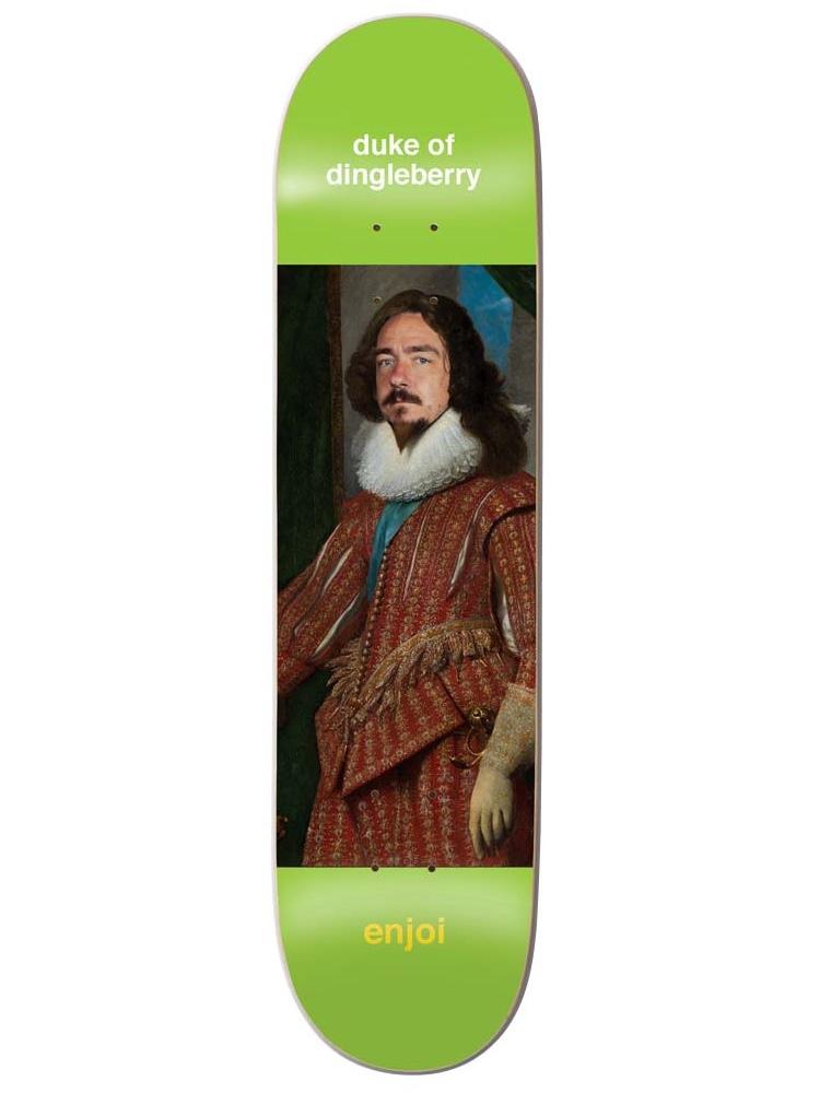 Enjoi berry renaissance skateboard deck: A Renaissance-style oil portrait of a man with long dark hair and moustache in a white ruff collar and red embroidered coat, on a bright green deck with the caption above and the Enjoi logo below.