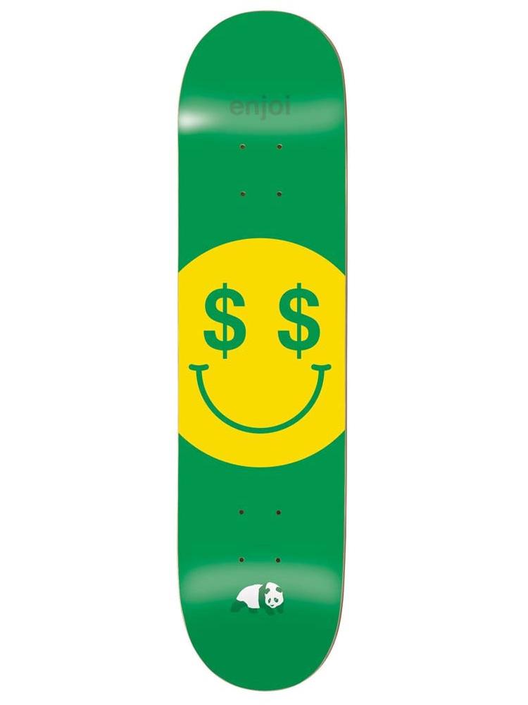 Enjoi cash money skateboard deck: Large yellow smiley face with green dollar signs for eyes across the middle of a plain green deck, with a small enjoi wordmark at the top and the panda logo at the tail.